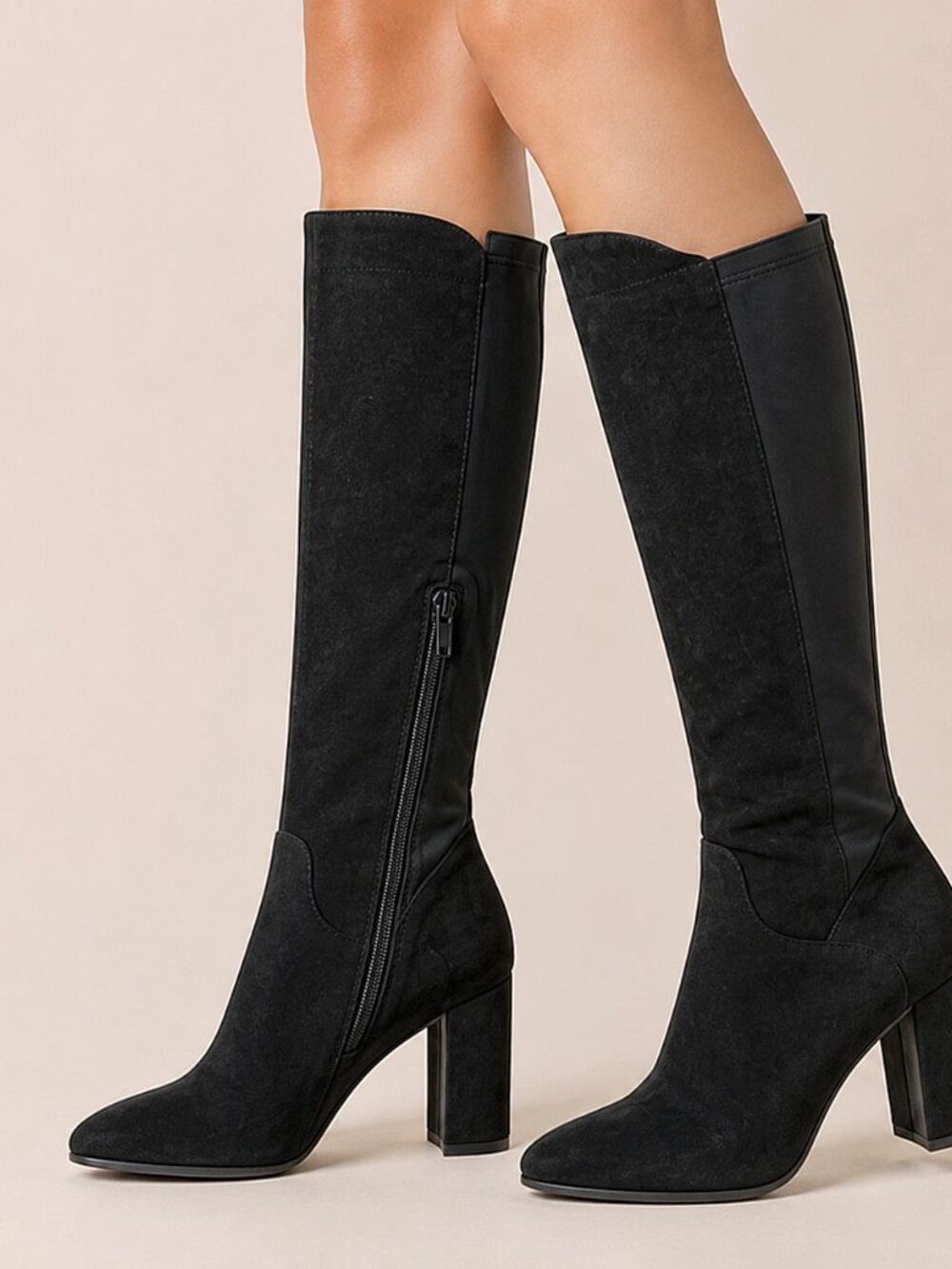 Wild Diva Blake-05 Knee High Foldable Block Heel Elastic Panel Black Boots